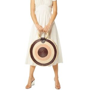 MISA Los Angeles Mykonos Circle Circular Straw Tote Bag Natural Purple Pink
